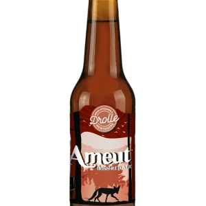 Bottiglia di birra Ameut Drolle, una Red Ale artigianale piemontese con fiori di ibisco e miele di montagna.